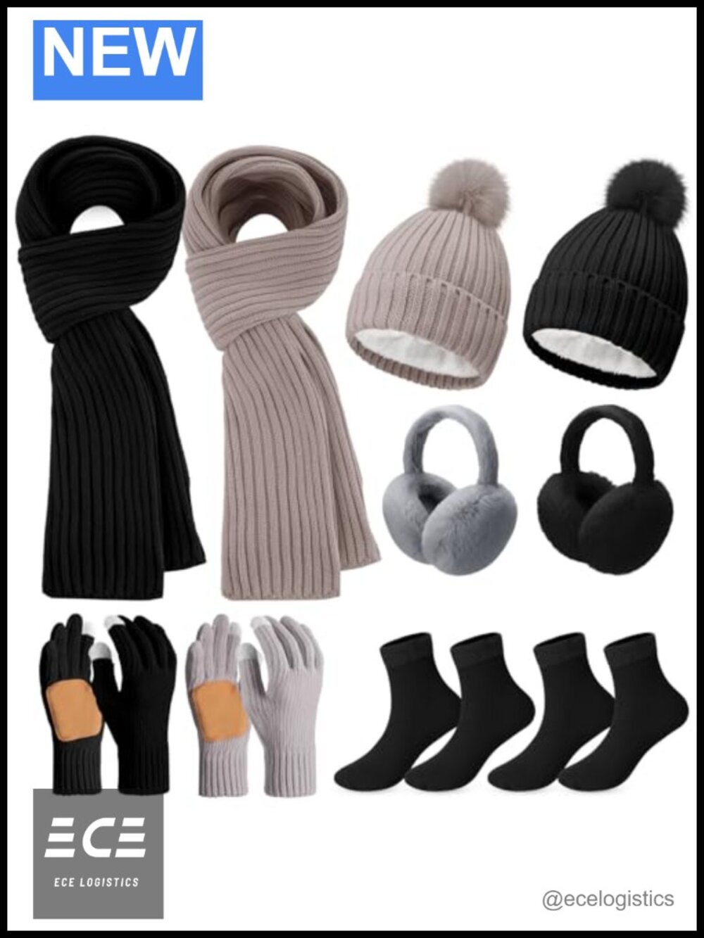 10 Pc Winter Set Beanie Scarf Touchscreen Gloves Earmuffs Socks Acrylic Fleece